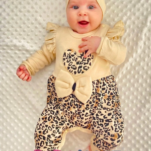 3-9 Ay Kız Bebek Tulum Leopar Fiyonklu Krem