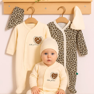 3-6 Ay Açık Kahve Leopar Kız Bebek 4'lü Tulum Seti Kahverengi