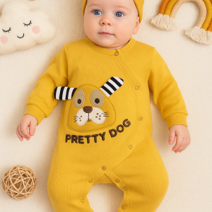 3-18 Ay Kız Bebek Tulumu Pretty Dog Nakış Bandanalı Sarı