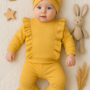 3-12 Ay Kız Bebek Takımı Omuz Fırfır Boneli 3'lü Hardal