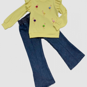 4-5-6 Yaş Kot Pantolonlu Flamingo Desenli Penye Sweat Uzun Kollu 2li Kız Çocuk Takımı