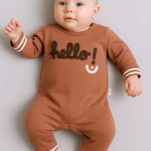 3-12 Ay Erkek Bebek Tulum Hello Nakışlı Kahverengi