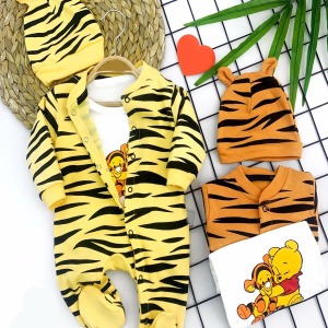 3-6-9-12 Ay Pooh Desenli Zebra Çizgili Şapkalı Sweatli 3lü Kız Erkek Bebek Tulumu(sarı)