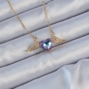 316L Çelik Zincir Altın Renk Mavi Mor Zirkon Taşlı Kanatlı Kalp Kolye
