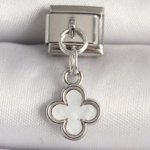 316L Çelik Gümüş Renk Beyaz Mineli Yonca Model Nomination Charm