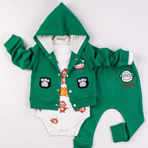 Yeni Doğan 3-6 Ay Erkek Bebek Takımı Monkey Kapişonlu Yeşil