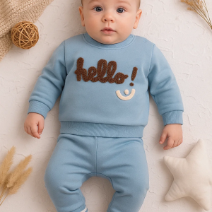 3-18 Ay Erkek Bebek Takımı Hello Nakışlı 2'li Mavi