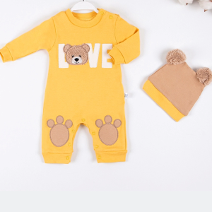 3-9 Ay Erkek Bebek Tulumu Love Bear Nakışlı Sarı