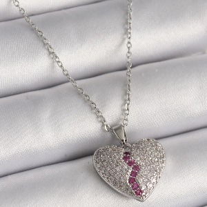 316L Çelik Gümüş Renk Zincir Zirkon Taşlı Kalp Model Kadın Kolye