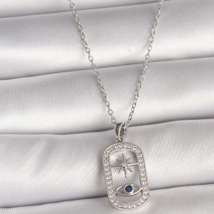 316L Çelik Gümüş Renk Zincir Zirkon Taşlı Göz Yıldız Model Kadın Kolye