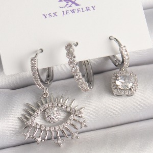 Pirinç Gümüş Renk Sallantı Zirkon Taşlı Göz Model 3'Lü Kadın Kombin Küpe