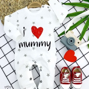 3-6-9-12 Ay Gümüş Yıldız I Love Mummy Baskılı Uzun Kollu Kız Erkek Bebek Tulumu