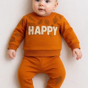 3-18 Ay Erkek Bebek Takımı Happy Yaprak 2'li Turuncu