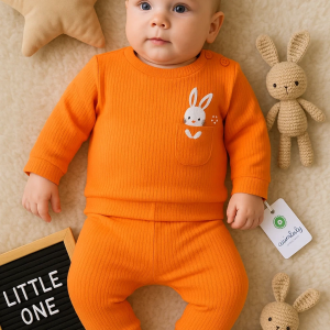 3-12 Ay Kız Bebek Takımı Cepli Tavlan Nakışlı 2'li Turuncu