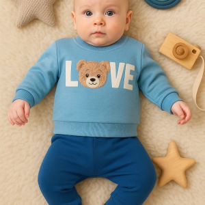 3-12 Ay Erkek Bebek Takımı Bear Love Nakışlı 2'li Mavi