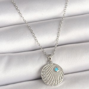316L Çelik Gümüş Renk Zincir Zirkon Taşlı Mavi Taş Detaylı Madalyon Model Kadın Kolye