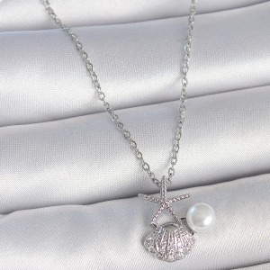 316L Çelik Gümüş Renk Zincir Zirkon Taşlı Deniz Kabuğu Model İnci Detay Kadın Kolye