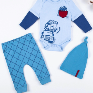 3-12 Ay Erkek Bebek Takımı Cep Nakışlı Bear 3'lü Mavi