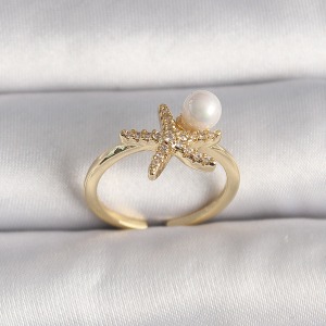 Pirinç Gold Renk Zirkon Taşlı Deniz Yıldızı Model İnci Detay Ayarlababilir Yüzük