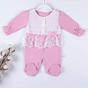 3-9 Ay Kız Bebek Tulumu Gofralı Fransız Güpürlü Pembe