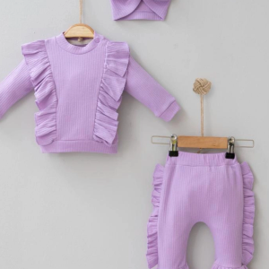 3-12 Ay Kız Bebek Takımı Omuz Fırfır Boneli 3'lü Lila