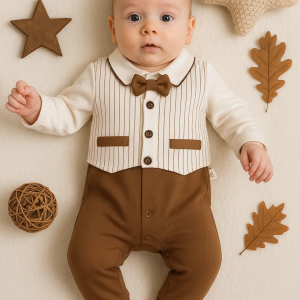 Çizgili Papyonlu Erkek Bebek Tulum Kahverengi