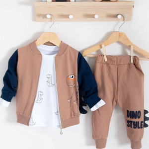 3-18 Ay Erkek Bebek Takımı Dinazor Hırkalı 3'lü Kahverengi