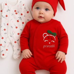 3-6 Ay Kiraz Aksesuarlı Kız Bebek 4'lü Tulum Seti Kırmızı