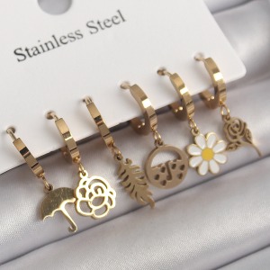 316L Çelik Gold Renk Sallantı Çiçek Model Kadın Küpe Seti
