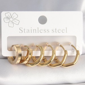 316L Çelik Gold Renk Geometrik Halka Model Kadın Küpe Seti