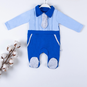 3-9 Ay Erkek Bebek Tulumu Kravat Aksesuarlı Ayaklı Mavi