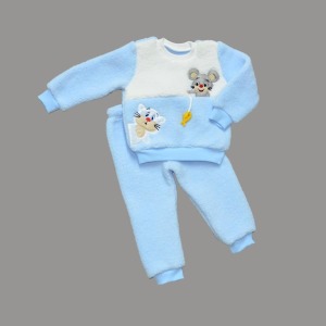 1-2-3 Yaş Sallanan Balık Nakışlı Kuzu Kumaş Sweat Pantolon Uzun Kollu Kız Erkek 2 Li Takımı