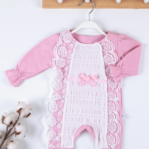 3-9 Ay Kız Bebek Tulumu Gofra Fransız Güpürlü Pembe