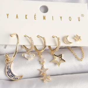 Pirinç Gold Renk Zirkon Taşlı Yıldız Model Hilal Detay 6'Lı Kadın Kombin Küpe