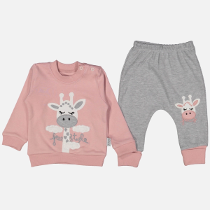 3-9 Ay Kız Bebek Alt&Üst Takımı Zürafa Nakışlı Pudra