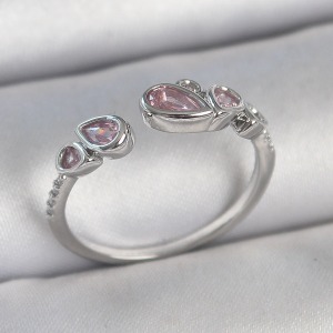 Pirinç Gümüş Renk Pembe Damla Zirkon Taşlı Ayarlanabilir Model Kadın Yüzük