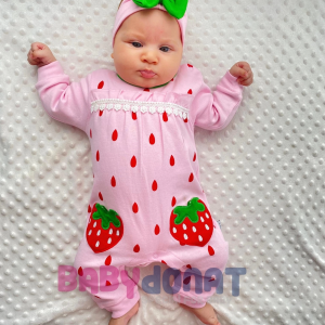 3-9 Ay Çilek Nakışlı Kız Bebek Tulumu Pembe