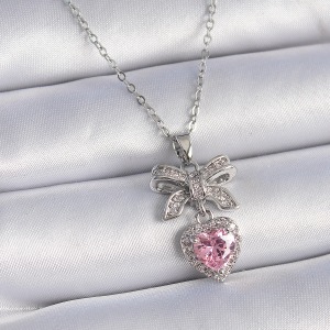 316L Çelik Gümüş Renk Zincir Zirkon Taşlı Kurdele Pembe Kalp Model Kadın Kolye