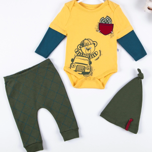 3-12 Ay Erkek Bebek Takımı Cep Nakışlı Bear 3'lü Sarı