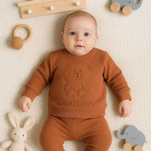 3-18 Ay Bebek Takımı Bear Gofre Kabartma 2'li Kahverengi