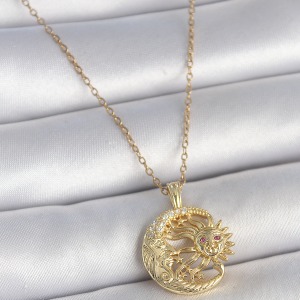 316L Çelik Gold Renk Zincir Ay Güneş Model Zirkon Taş Detaylı Kadın Kolye