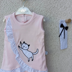 3-9 Ay Kız Bebek Badi Kedili Fırfırlı Bandanalı Pembe