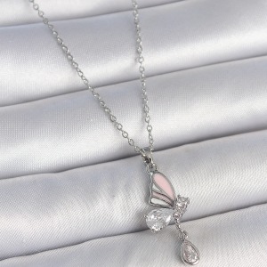 316L Çelik Gümüş Renk Zincir Damla Zirkon Taşlı Kelebek Model Sallantı Detay Kadın Kolye