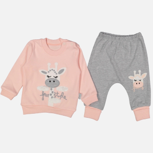 3-9 Ay Kız Bebek Alt&Üst Takımı Zürafa Nakışlı Somon