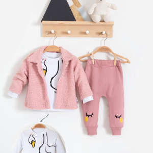 3-18 Ay Kız Bebek Takımı Peluş Hırkalı 3 Lü Pembe