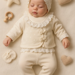 Dantelli İşlemeli Kurdaleli 5li Kız Bebek Hastane Çıkışı Krem