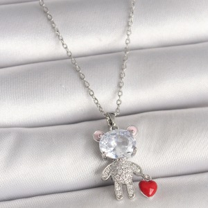 316L Çelik Gümüş Renk Zincir Zirkon Taşlı Ayıcık Model Kırmızı Kalp Detay Kadın Kolye