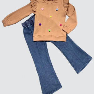 4-5-6 Yaş Kot Pantolonlu Flamingo Desenli Penye Sweat Uzun Kollu 2li Kız Çocuk Takımı