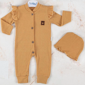 3-12 Ay Kız Bebek Tulumu Boydan Düğmeli Şapkalı Hardal