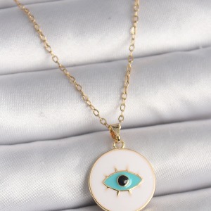 316L Çelik Gold Renk Zincir Beyaz Mineli Turkuaz Göz İşleme Model Kadın Kolye